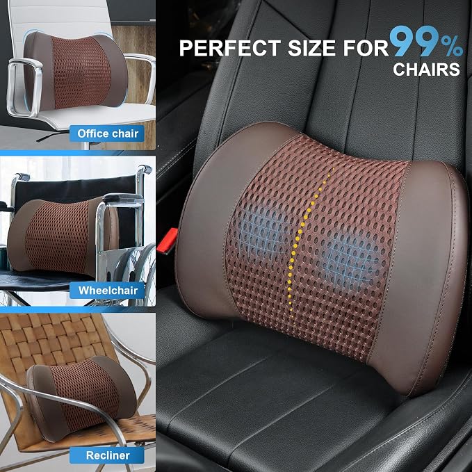 Lofty Aim Memory Foam Lumbar Support Cushion Relieves Lower Back Pain for Car Seat, Office Chair, and Wheelchair, 4D Mesh, Brown