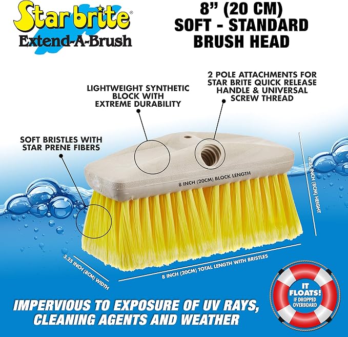 STAR BRITE 8" Durable Cleaning Brush - Soft, High-Density Star Prene Fibers for Finished Surfaces & Light Cleaning - Fits 3/4" Threaded or Extend-A-Brush Handles - Soft Bristle, Yellow (040013)