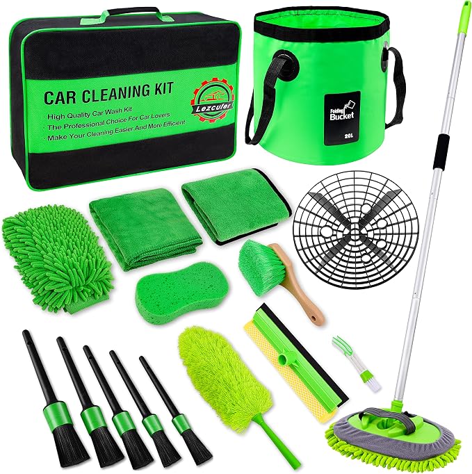 Lezcufer 17Pcs Car Wash Kit,62" Car Wash Brush Mop with Long Handle,Car Cleaning Kit,Car Detailing Brush Set,Car Wash Bucket,Car Wheel Brush,Complete Interior Car Cleaning Supplies
