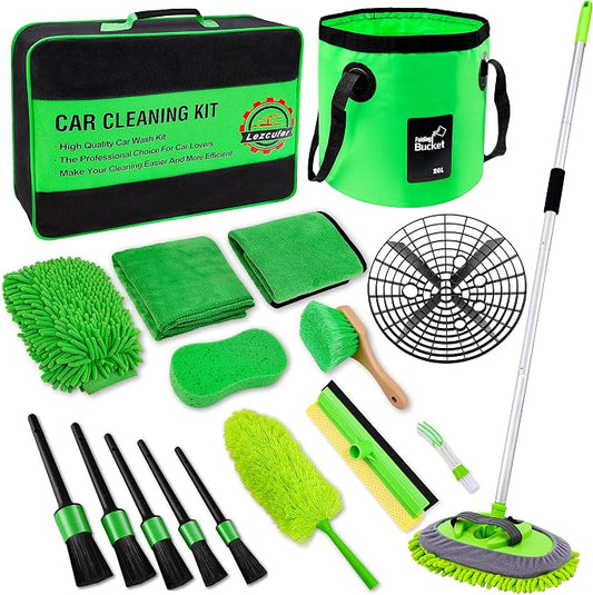 Lezcufer 17Pcs Car Wash Kit,62" Car Wash Brush Mop with Long Handle,Car Cleaning Kit,Car Detailing Brush Set,Car Wash Bucket,Car Wheel Brush,Complete Interior Car Cleaning Supplies