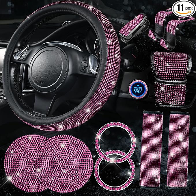 CAR PASS 11 PCS Bling Diamond Car Accessories Set for Women, Sparkly Rhinestone Steering Wheel Cover, Bling Seat Belt Cushion, Shift Knob Cover, Push Start Button Ring, Cup Holder Coaster, Black Pink