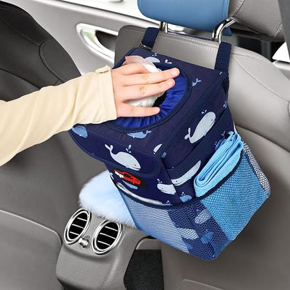 EPAuto Waterproof Car Trash Can with Lid and Storage Pockets, 1.8 Gallon, Blue