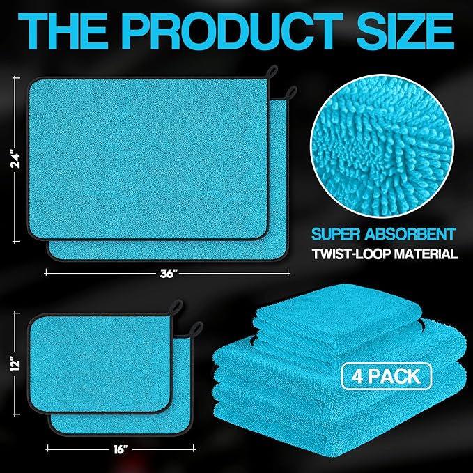 Bolant 4 Pack Twisted Loop Car Drying Towel, Microfiber Towels for Cars 24"x36", Reusable Shammy Quick Dry Cloth for Auto, Boat, Kitchen, Windows & Bathroom（Blue）