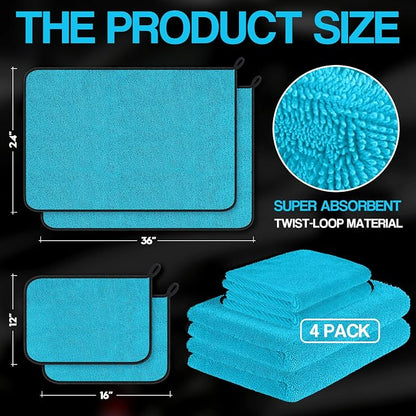 Bolant 4 Pack Twisted Loop Car Drying Towel, Microfiber Towels for Cars 24"x36", Reusable Shammy Quick Dry Cloth for Auto, Boat, Kitchen, Windows & Bathroom（Blue）