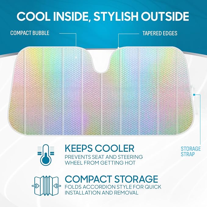 BDK Iridescent Mermaid, Hologram Foil, Chameleon Front Windshield Sun Shade, Double Bubble Accordion Folding Auto Sunshade for Car Truck SUV 58 x 27 Inch