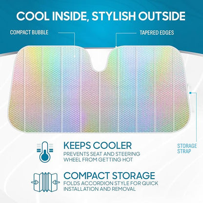 BDK Iridescent Mermaid, Hologram Foil, Chameleon Front Windshield Sun Shade, Double Bubble Accordion Folding Auto Sunshade for Car Truck SUV 58 x 27 Inch