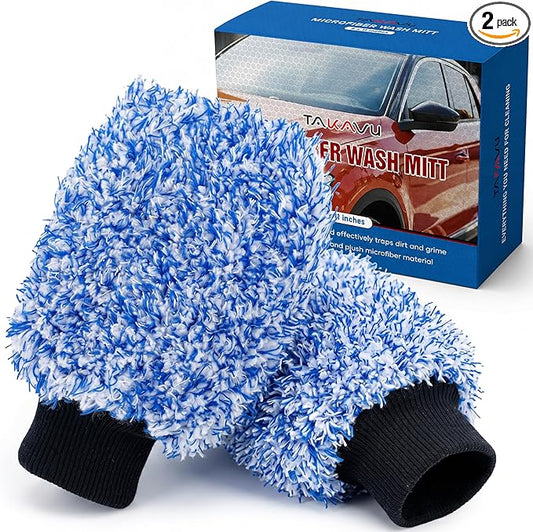 TAKAVU Car Wash Mitt Scratch Free, 2 Pack Microfiber Wash Mitts for Auto Detailing, Soft Lint Free Cleaning Gloves, Holds Sudsy Water, Machine Washable (Blue)