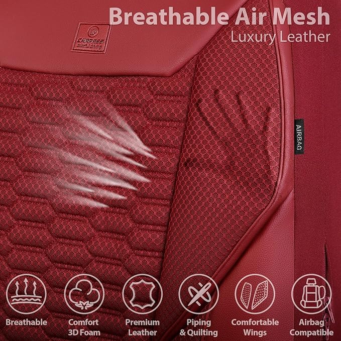 CAR PASS 3D Foam Mesh Leather Seat Covers Full Set, Wine Red Breathable Mesh Faux Leather Seat Covers for Car, Universal Fit for SUVs Vans Sedan Trucks Automotive,Armrest Airbag Compatible, Burgundy