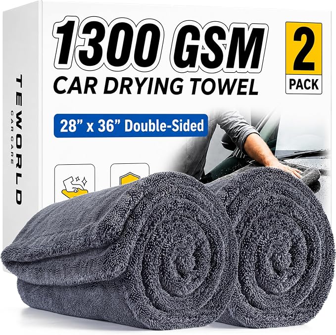 2-Pack 1300 GSM Car Drying Towels – Microfiber Towels for Cars (36" x 28"), Ultra-Absorbent, Streak-Free, Scratch-Free, No Water Spots, Double-Twist Pile & Edgeless Design