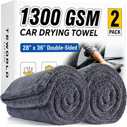 2-Pack 1300 GSM Car Drying Towels – Microfiber Towels for Cars (36" x 28"), Ultra-Absorbent, Streak-Free, Scratch-Free, No Water Spots, Double-Twist Pile & Edgeless Design