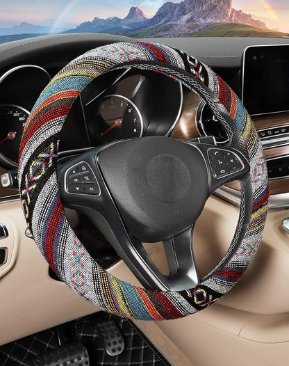 SEG Direct Boho Steering Wheel Cover with Baja Blanket Cloth, Ethnic Style Auto Wheel Cover Made of Coarse Flax, Fits 14 1/2-15 1/4 inches Car Wheel