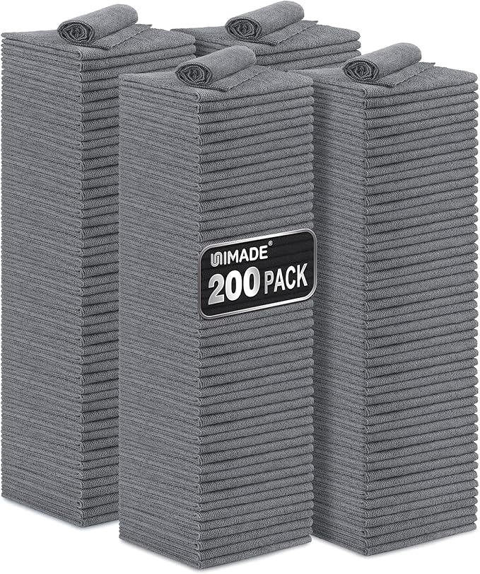 UNIMADE Microfiber Cleaning Cloth, 200 Pack Microfiber Towels for Cars Reusable Shop Rags Bulk Lint Free Cleaning Towels for Car Kitchen Automotive Bar Mechanic Restaurant Garage, 11.5"x 11.5", Grey