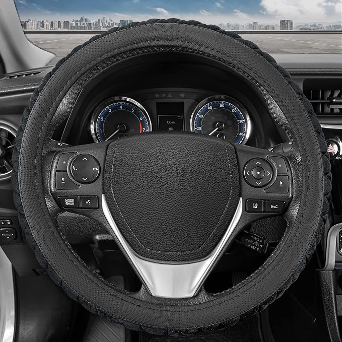 BDK GripTech Plush Fuzzy Steering Wheel Cover for Car Truck Van SUV, Standard 15 inch Size, Soft Black Fluffy Exterior, Comfortable Ergonomic Car Steering Wheel Cover