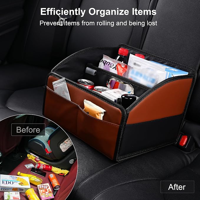 [2025 UPDATED] Leather Car Seat Organizer, Foldable Storage Box for Front Seat, Back Seats & Floor – Removable Divider, Metal Handle, Adjustable Anti-Slip Strap for Kids & Adults (Black & Brown)