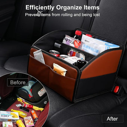 [2025 UPDATED] Leather Car Seat Organizer, Foldable Storage Box for Front Seat, Back Seats & Floor – Removable Divider, Metal Handle, Adjustable Anti-Slip Strap for Kids & Adults (Black & Brown)