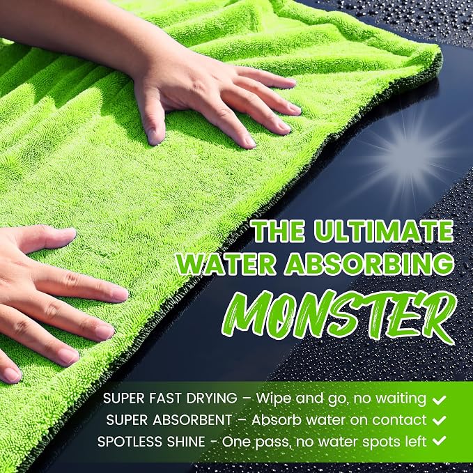 PUGPIU Car Drying Towel - 1400GSM Extra Large Super Absorbent Microfiber Towels for Cars 24"x36" - Large Edgeless with Twisted Loop, Lint-Free & Streak-Free for Auto Detailing, SUV, Truck (Green)