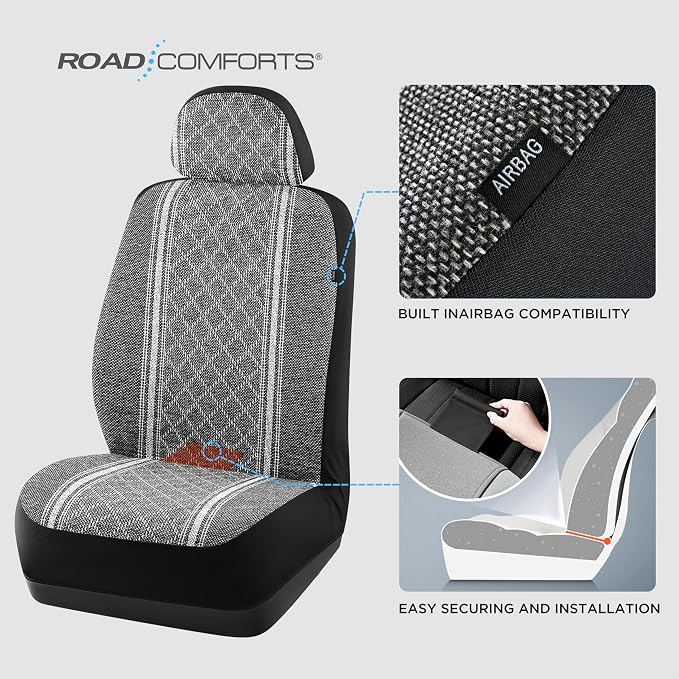 Road Comforts Baja Blanket Seat Covers Gray Diamond Bucket Seat Covers Low Back - Jacquard Fabric, Airbag Compatible, Universal Fit for Cars, Trucks, SUVs, and Vans
