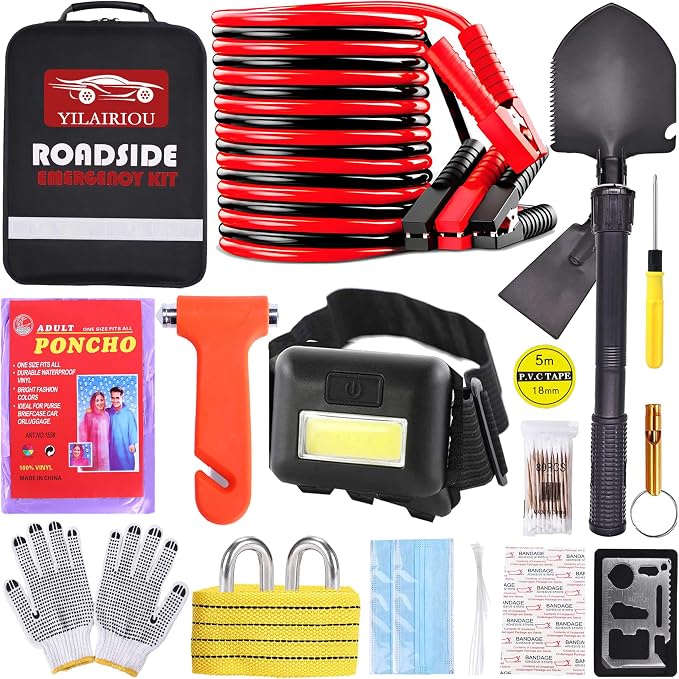 Car Roadside Emergency Kit, with Jumper Cables Headlamp Car Safety Kits | Car Emergency Kit with Tow Rope Folding Shovel, Safety Hammer Etc. Emergency Roadside Kit for Car Gifts for New Drivers