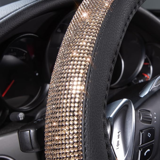 CAR PASS Bling Champagne Diamond Steering Wheel Cover, Black Leather Universal Fit 14.5-15inch Glitter Rhinestones for Women Sparkle Crystal Girly Shining for SUV,Vans,Sedan,Car,Truck, Black Champagne