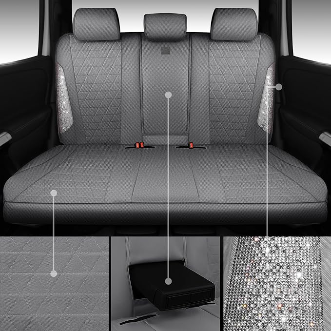 CAR PASS Gray Oxford Bling Diamond Car Seat Covers Full Set Interior Sets, Waterproof Shining Glitter Sparkly Crystal Universal Armrest Fit 95% Automotive Truck SUV Cute Women Girl, Gray Rhinestone