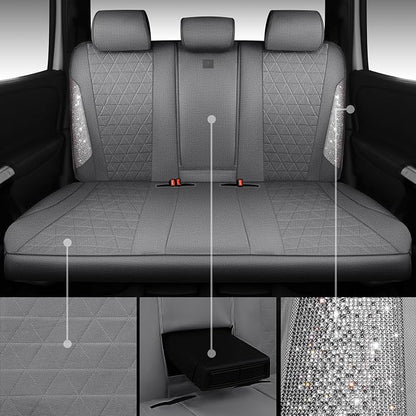 CAR PASS Gray Oxford Bling Diamond Car Seat Covers Full Set Interior Sets, Waterproof Shining Glitter Sparkly Crystal Universal Armrest Fit 95% Automotive Truck SUV Cute Women Girl, Gray Rhinestone