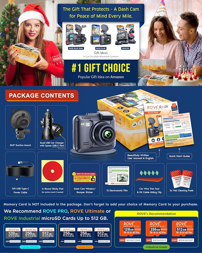 ROVE R2-4K Dash Cam, 4K UHD 2160P Car Camera with 8MP CMOS Sensor, Built-in WiFi 6 and GPS, Dash Camera For Cars with 2.4" Screen, Super Night Vision, 150" Wide Angle, Parking Mode, Supports 512GB Max