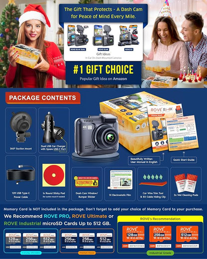 ROVE R2-4K Dash Cam, 4K UHD 2160P Car Camera with 8MP CMOS Sensor, Built-in WiFi 6 and GPS, Dash Camera For Cars with 2.4" Screen, Super Night Vision, 150" Wide Angle, Parking Mode, Supports 512GB Max