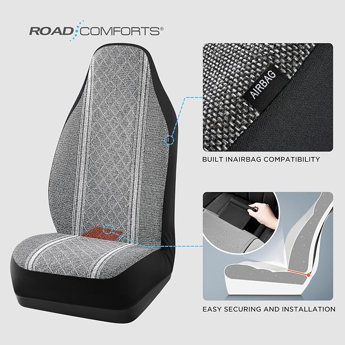 Road Comforts Baja Blanket Seat Covers Gray Diamond High Back Bucket Seat Covers - Jacquard Fabric, Airbag Compatible, Universal Fit for Cars, Trucks, SUVs, and Vans