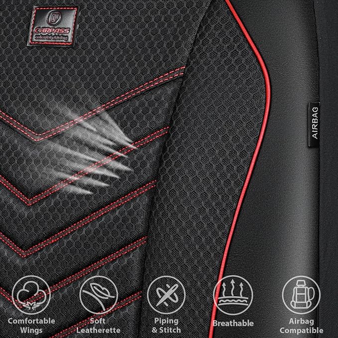 CAR PASS 3D Foam Mesh Leather Car Seat Covers Front Seats, Breathable Front Seat Cover for Cars, Comfortable Universal Fit for SUV Truck Sedan Automotive Anti-Slip Airbag Compatible, Black and Red