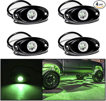 YONEDA 4 Pods Greem Rock Lights 6000K 3LED Bright LED Underglow Lights IP68 Waterproof for Trucks SUV UTV ATV RZR Car Boats Pickup Motorcycle