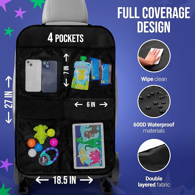 Todays Kids 2 Pack Kick Mats Back Seat Protector - Backseat Car Organizer for Kids, Car Storage Organizer, Back Seat Cars Organizers, Cars Organizers Backs Seats, Travel Accessories, 4 Pockets