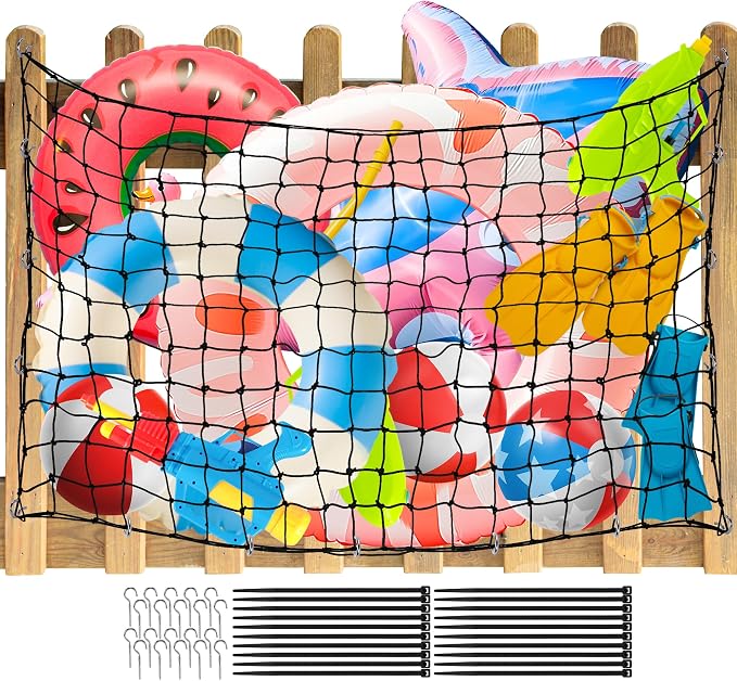 Extra Large Pool Toy Float Storage Net, 71×47'' Heavy Duty Hanging Elastic Mesh Net Organizer with 20 Hooks, 50 Cable Ties, Swimming Poolside Fence Toys Holder for Inflatable Rafts Pool Noodles Balls