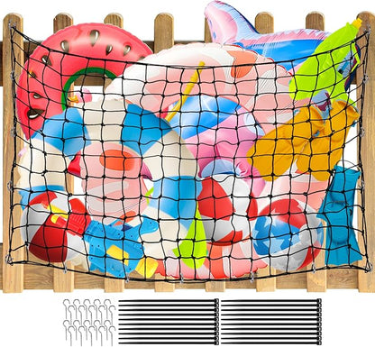 Extra Large Pool Toy Float Storage Net, 71×47'' Heavy Duty Hanging Elastic Mesh Net Organizer with 20 Hooks, 50 Cable Ties, Swimming Poolside Fence Toys Holder for Inflatable Rafts Pool Noodles Balls