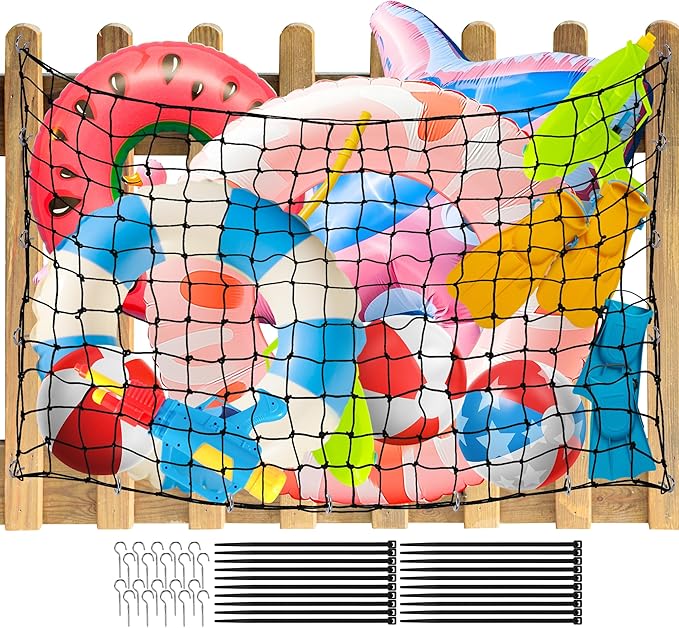 Extra Large Pool Toy Float Storage Net, 95×47'' Heavy Duty Hanging Elastic Mesh Net Organizer with 20 Hooks, 50 Cable Ties, Swimming Poolside Fence Toys Holder for Inflatable Rafts Pool Noodles Balls