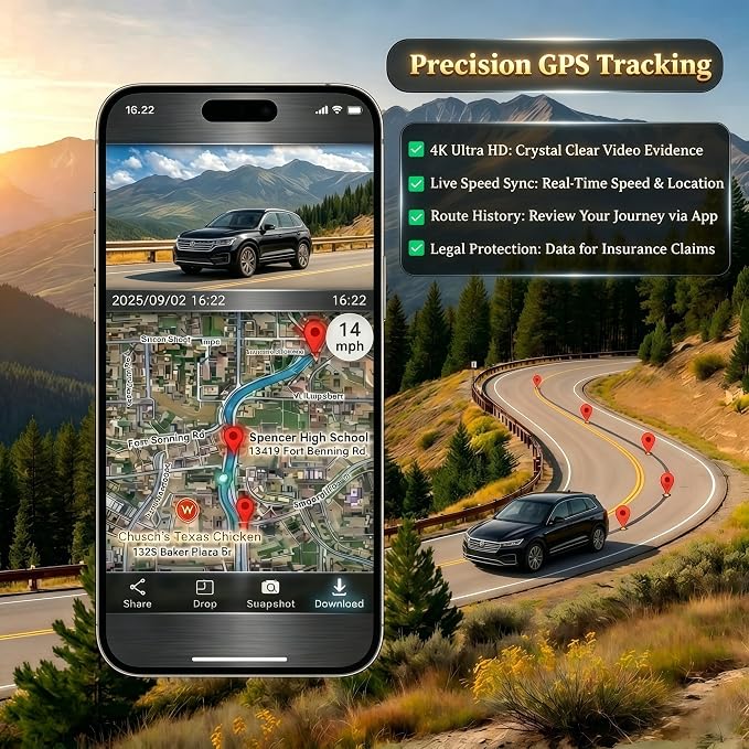 4K Dash Cam Front and Rear with GPS WiFi, Dual Car Camera for Uber Lyft Taxi Drivers, 64GB Card, 4K+1080P, HDR Night Vision, 3.19" IPS Screen, Parking Mode, Loop Recording