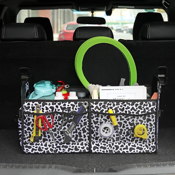 AOKJOY Car Trunk Organizer Car Storage Organizer Collapsible Multi Compartment Car Organizer Adjustable Straps Car Organizer for SUV(Cow)