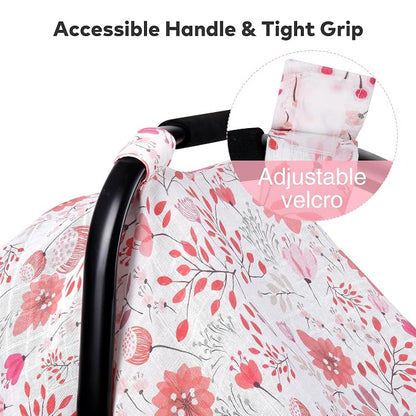 Rquite Infant Car Seat Cover for Babies Girls, Muslin Cotton Carseat Canopy, Breathable Stroller Sun Shade, Baby Shower Gift & Newborn Essentials, Universal Fit Summer & Hot Weather (Pink Flowers)