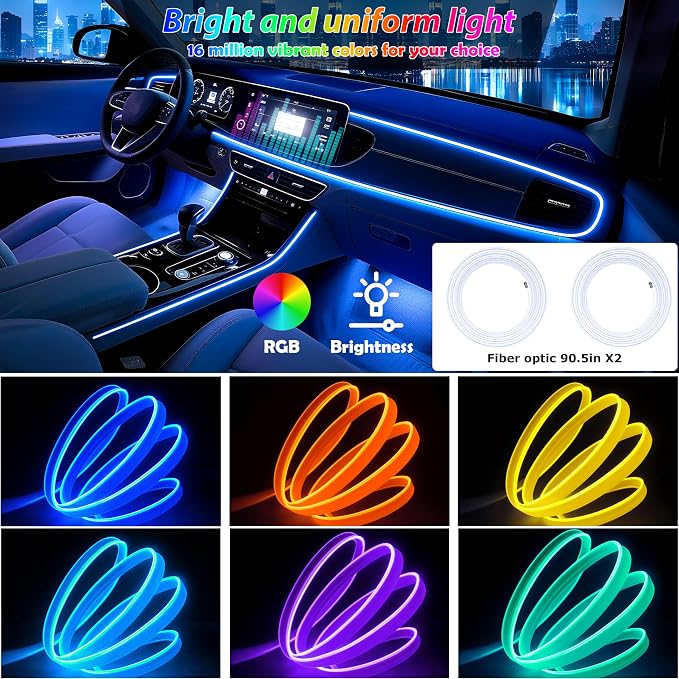 Car Led Strip Lights, Interior Car Lights, App Control Ambient Lighting Kit With RGB 16 Million Colors Fiber Optics&Music Sync Rhythm, USB Neon Light Accessories for Center Console&Dashboard, Upgraded