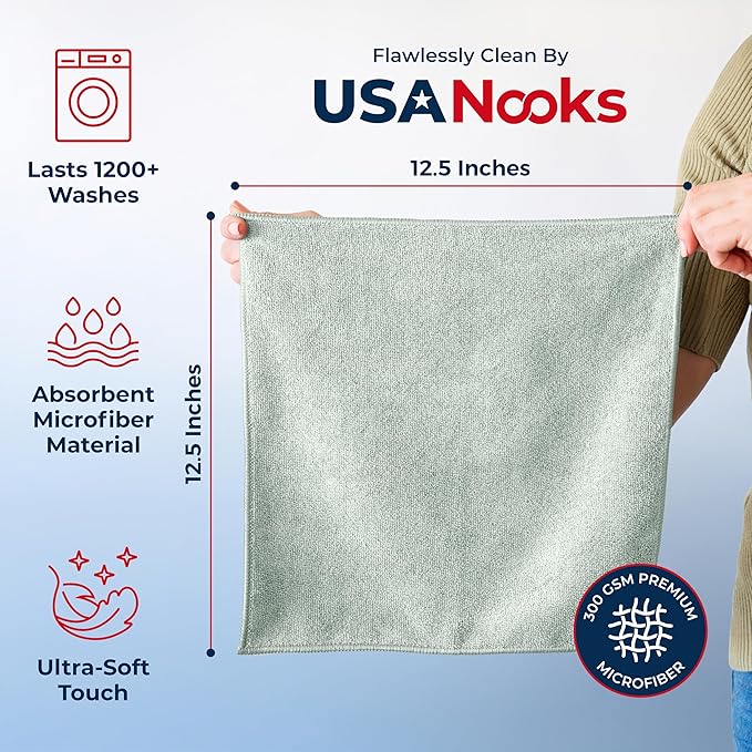 USANOOKS Microfiber Cleaning Cloth - Sea Green - 12Pcs (12.5x12.5 inch) High Performance - 1200 Washes, Ultra Absorbent Car Towel Traps Grime & Liquid for Streak-Free Mirror Shine - car Washing Cloth