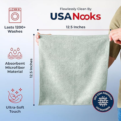 USANOOKS Microfiber Cleaning Cloth - Sea Green - 12Pcs (12.5x12.5 inch) High Performance - 1200 Washes, Ultra Absorbent Car Towel Traps Grime & Liquid for Streak-Free Mirror Shine - car Washing Cloth