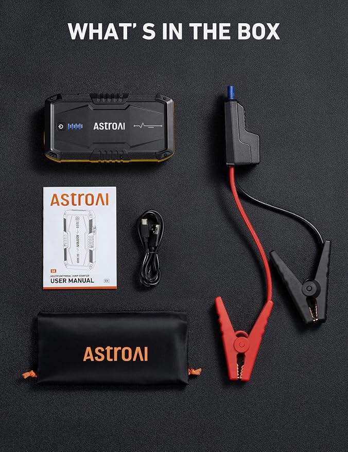 AstroAI S8 Car Battery Jump Starter, Car Jumper Starter Battery Pack for Up to 6.0L Gas & 3.0L Diesel Engines, 12V Portable Jump Box with 3 Modes Flashlight and Jumper Cable(Yellow)