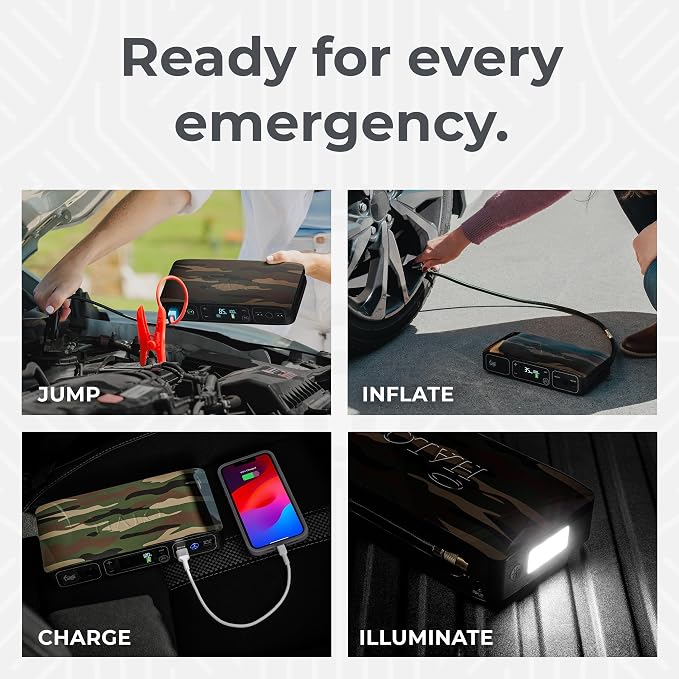 HALO Bolt Air 58830 Portable Car Battery Jump Starter | 100 PSI Air Compressor, 58.8Wh USB Power Bank, Emergency Floodlight & Charger, Jumps Cars SUVs & Trucks, Inflates Tires, TSA Approved — Camo