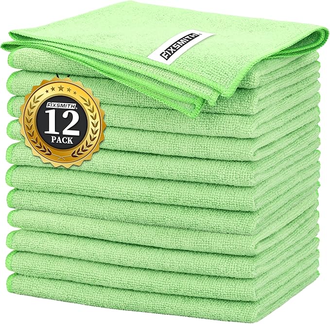 FIXSMITH Sage Green Microfiber Cleaning Cloth -Pack of 12, Highly Absorbent Cleaning Rags, 16"X12" All Purpose Cleaning Towels for Housekeeping, Kitchen, Car, Lint Free and Reusable Microfiber Towels