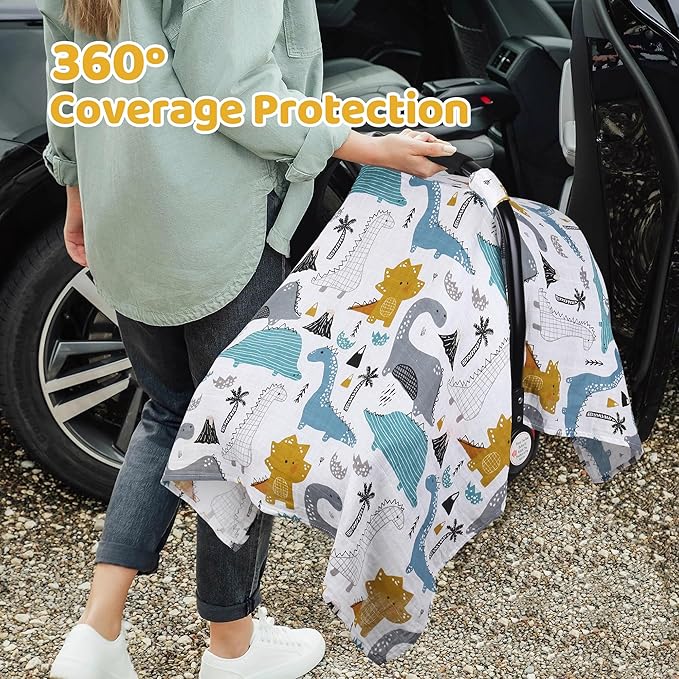 Rquite Baby Boy Car Seat Cover, 100% Muslin Cotton Infant Carseat Canopy, Soft Breathable Stroller Sun Shade & Newborn Shower Gift, Large Size Universal Fit Summer, Hot & Warm Weather (Blue Dinosaur)