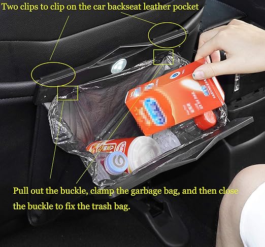 Car Trash Bin w/50pcs Trash Bag Smart LED Luxury Leather Garbage Can Folding Garbage Bin Waterproof Car Rubbish Bag Car Interior Garbage Can Office Toilet Trash Bin for Universal Vehicle-LARGE
