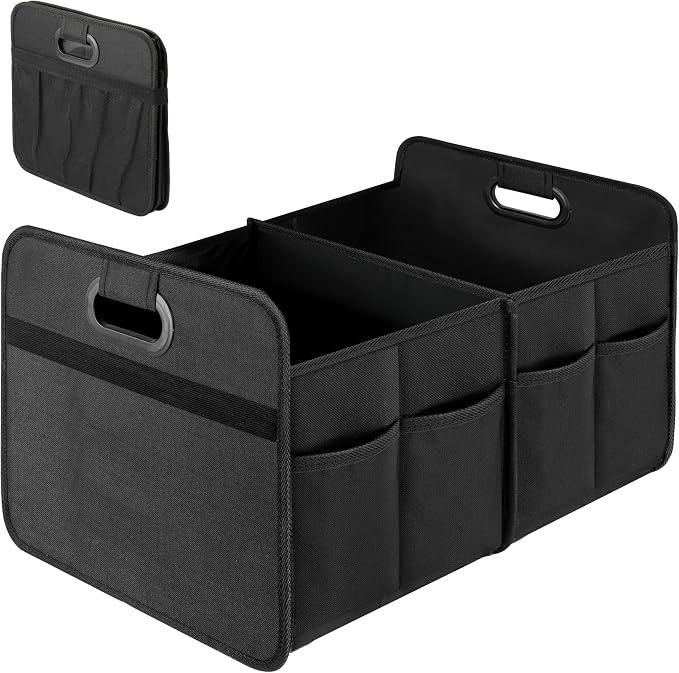 Simple Deluxe Car Trunk Organizer, 2 Compartments Collapsible Trunk Storage, Anti-slip Design, Made of Waterproof 600D Oxford Polyester, Suitable for SUV, Minivan, Truck, Standard Size, Black