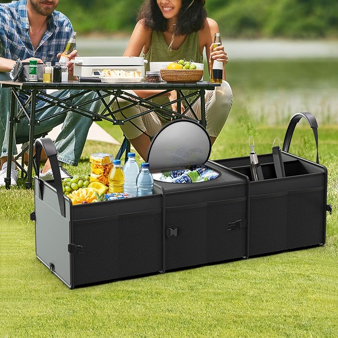 Trunk Organizer, 95L Capacity SUV Trunk Organizer with Cooler, 3 Compartments Heavy Duty Collapsible Car Storage Organizer for Truck, Van