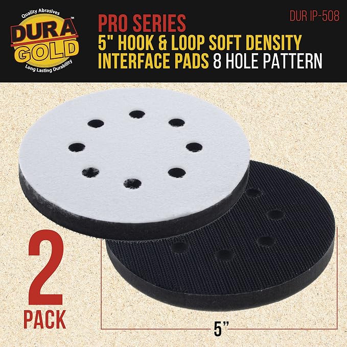Dura-Gold Pro Series 5" x 10mm Soft Density Sanding Interface Pad, 8 Hole Pattern Dustless, 2 Pack - Hook & Loop Foam Cushion, Used with Vacuum Sander Discs, Polisher Polishing Pads & Backing Pads