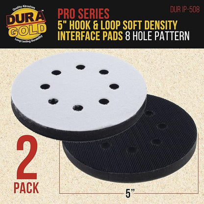 Dura-Gold Pro Series 5" x 10mm Soft Density Sanding Interface Pad, 8 Hole Pattern Dustless, 2 Pack - Hook & Loop Foam Cushion, Used with Vacuum Sander Discs, Polisher Polishing Pads & Backing Pads