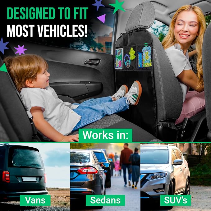 Todays Kids 2 Pack Kick Mats Back Seat Protector - Backseat Car Organizer for Kids, Car Storage Organizer, Back Seat Cars Organizers, Cars Organizers Backs Seats, Travel Accessories, 3 Pockets